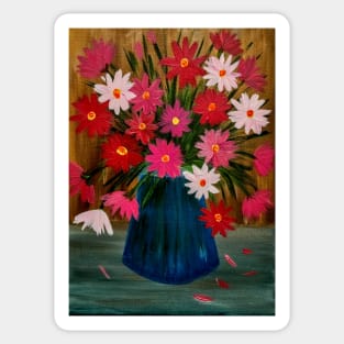 A beautiful bouquet of mixed flowers iin a deep blue vase Sticker